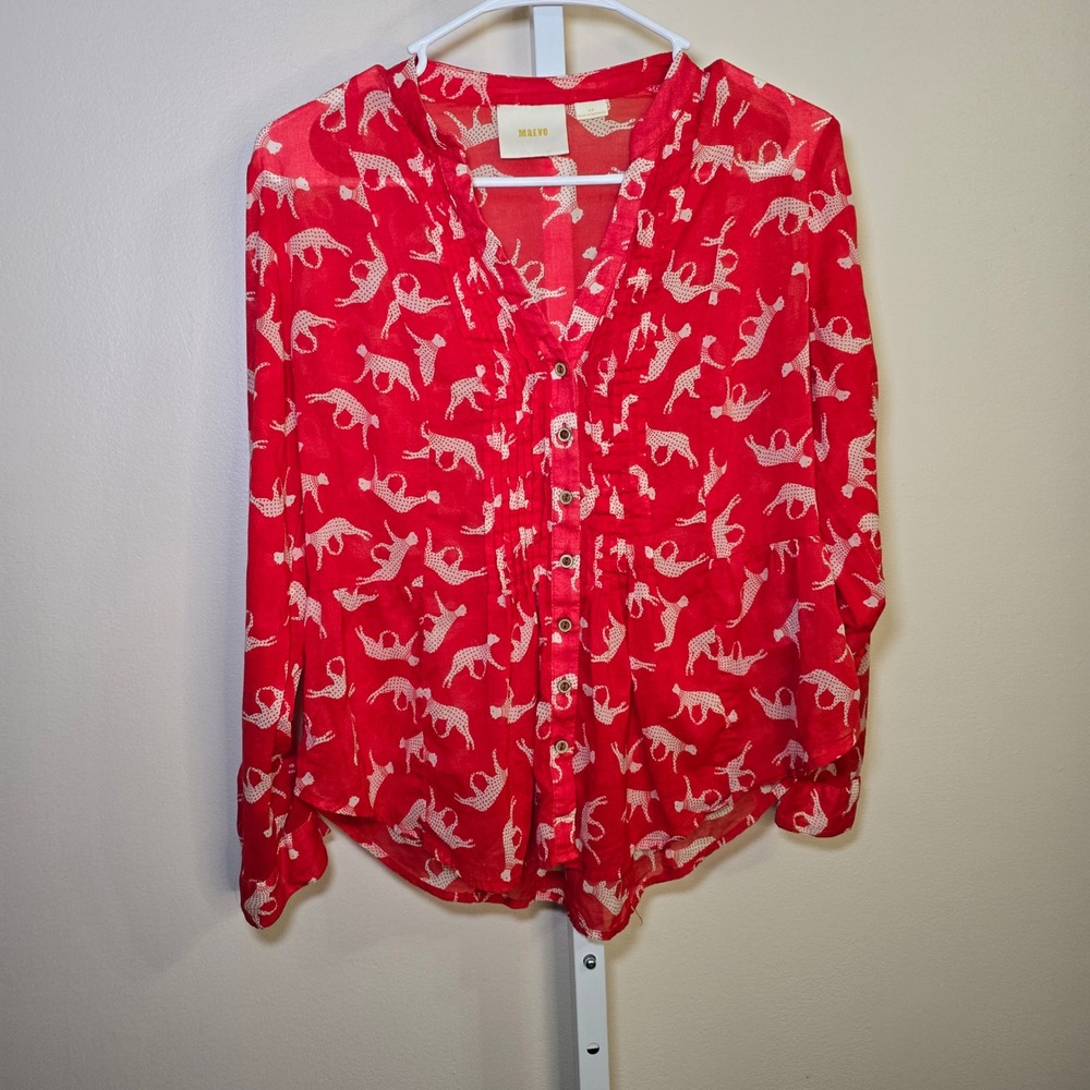 Maeve Anthropologie Red Cheetah Print Button Up Long Sleeve Blouse Women's Sz 6P
